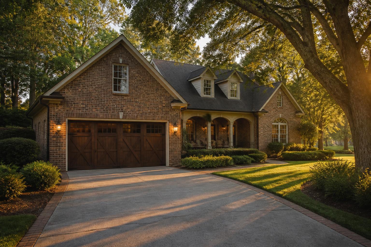 coastal South Carolina brick home with a stained-wood carriage-style garage door at golden hour